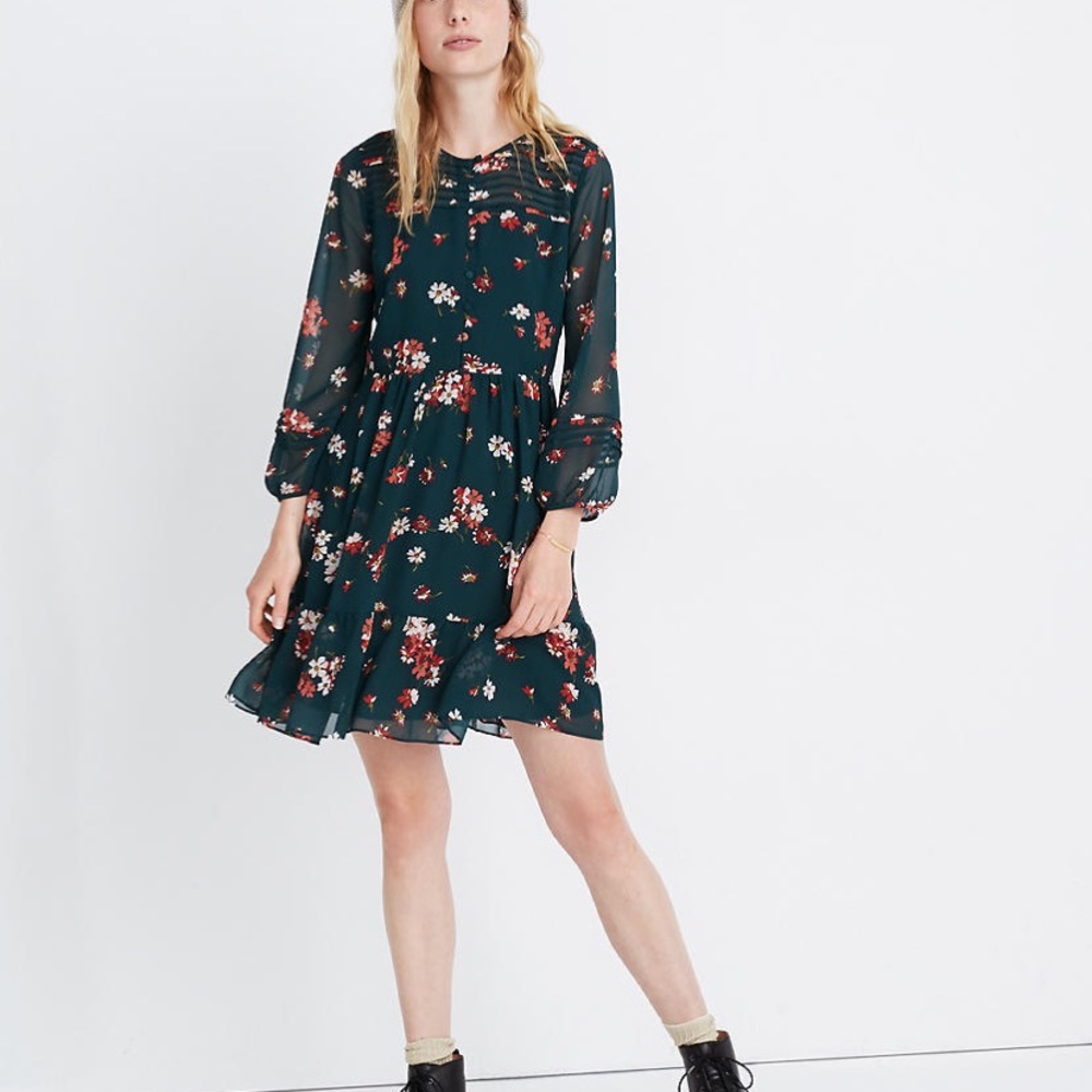Madewell Sheer-Sleeve Ruffle Dress, Spruce Blossom